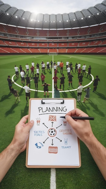 Photo sports soccer field and clipboard planning a strategy for a group mission target or tactics for goa