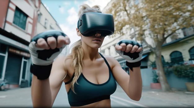 Sports woman with VR glassed boxing on footpath generated AI