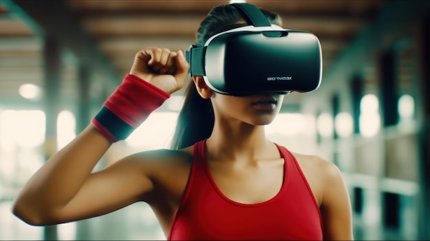 Sports woman with VR glassed boxing on footpath generated AI