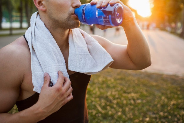 Sportsman after training rest outdoor concept. inner balance. lifestyle of active people