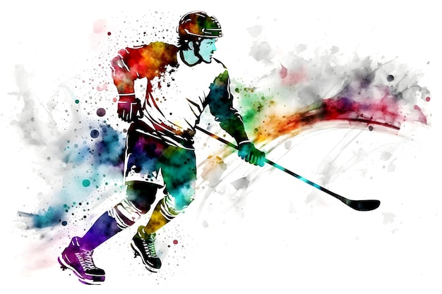 Sportsman playing hockey on watercolor rainbow splash Neural network generated art