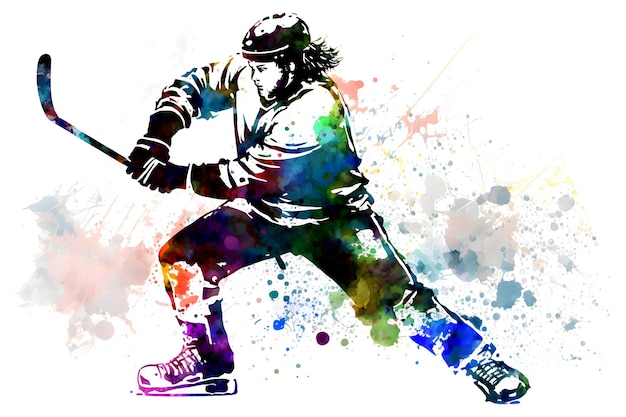 Sportsman playing hockey on watercolor rainbow splash Neural network generated art