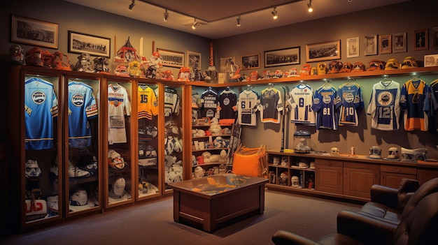 A sportsthemed room with jerseys trophies and equipment on display Generative Ai