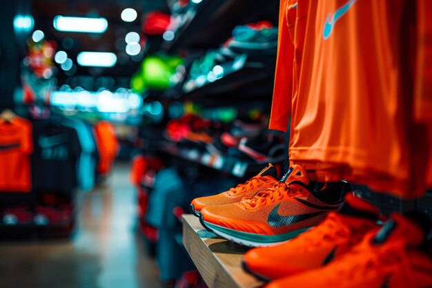 Photo sportswear store interior featuring vibrant athletic clothing shoes and accessories neatly arrange