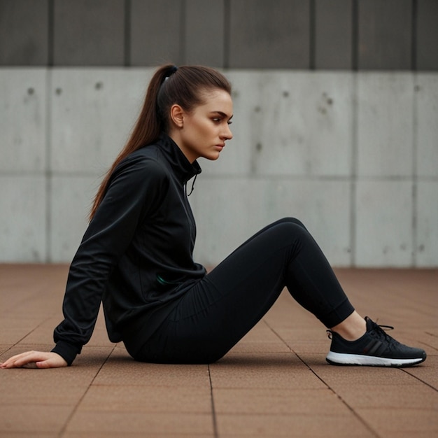 Photo sportwoman in black sportswear is tired after hard tra