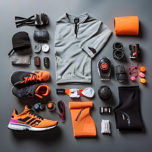 Photo sporty flat lay with socks running shoes and gear