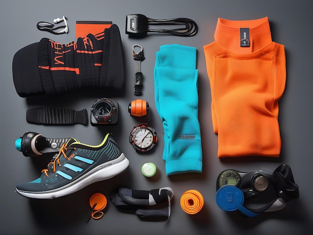 Sporty Flat Lay with Socks Running Shoes and Gear