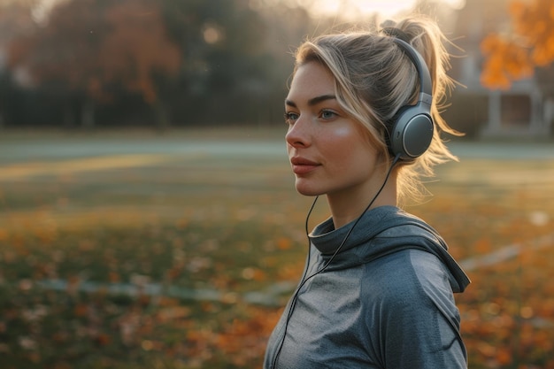 Photo sporty girl listening to music with headphones in nature