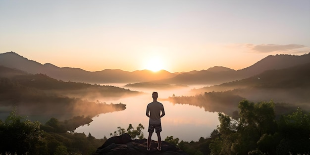 A sporty hiker man enjoying the sunrise over foggy mountain and lake views Concept Outdoor Photoshoot Nature Lover Sunrise Views Active Lifestyle Adventure Seeker