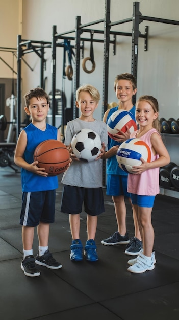 Photo sporty kids holding balls at gym