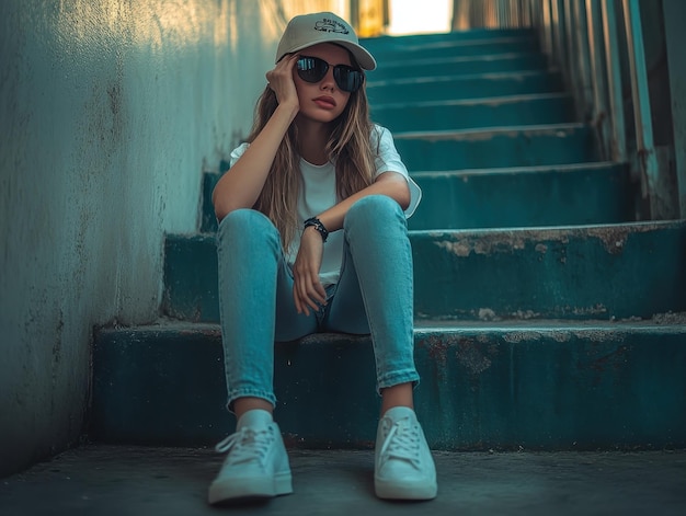 Sporty look with cap and sneakers