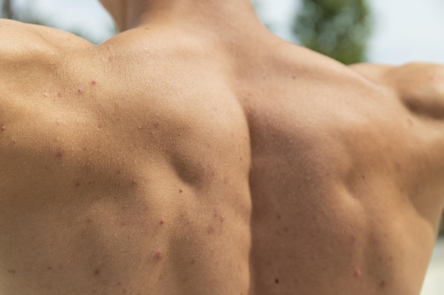 A sporty man demonstrates his back muscles closeup