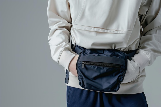 Photo sporty man with navy belt bag streetwear studio shoot