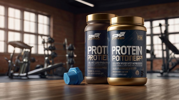 Sporty protein powder container mock up with a gym in the background