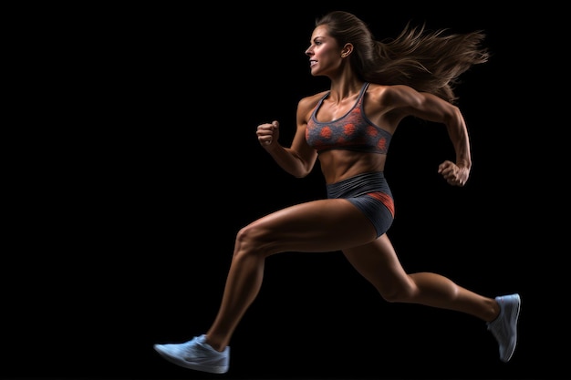 Sporty woman running over black background Side view of female athlete in motion A fitness girl in running positions on a black background top section cropped side view AI Generated