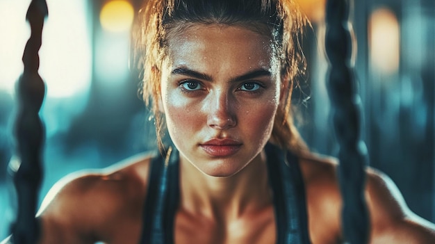 Photo sporty woman training in gym closeup