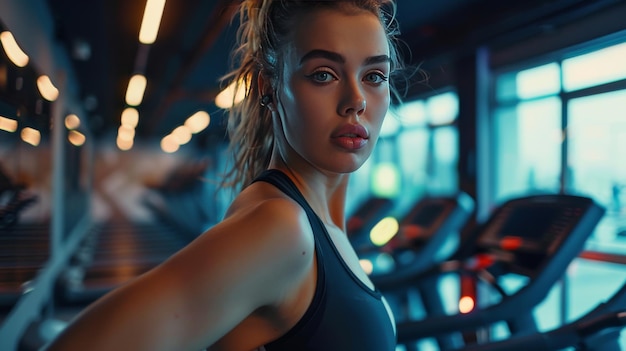 Sporty young woman running on treadmill in gym at night Sport fitness lifestyle concept