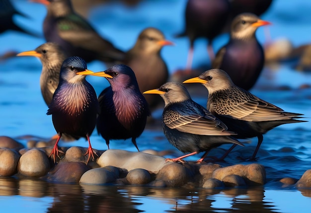 Photo spotless starling group by water