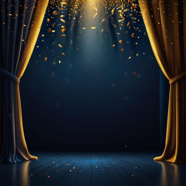 Spotlight on blue curtain background and falling golden confetti Vector illustration