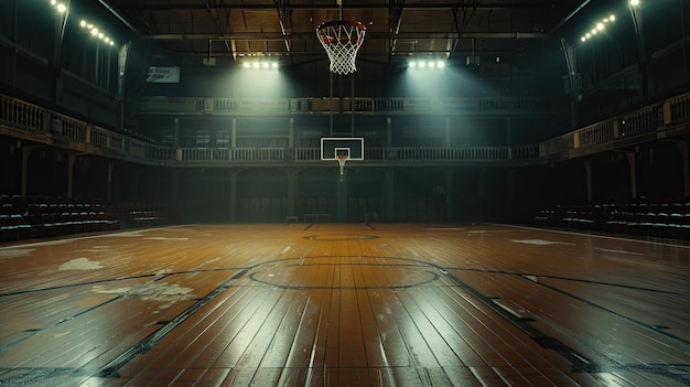 a spotlight on the hoop The wooden floor basketball court arena background