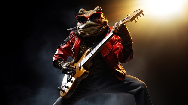 The spotlight is on a toad rock star commanding the stage with an electric guitar