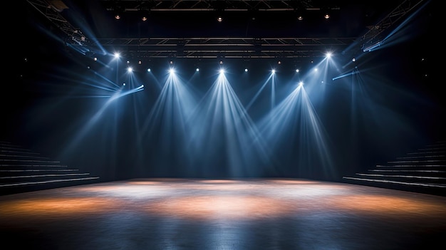 Spotlights Illuminate Empty Stage Bright Lights on Dark Background in Studio for Entertainment Show