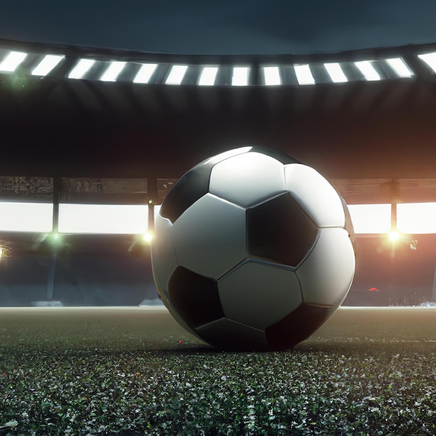 Spotlights illuminating the soccer stadium and the ball in the center 3D illustration