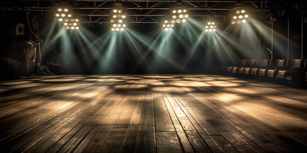 Spotlights lights shining on stage background with wood floor