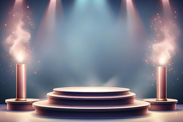 Spotlit podium on bright backdrop with smoke Elegant award ceremony stage Empty pedestal in vector