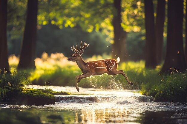 Photo spotted deer leaping over a stream in a forest