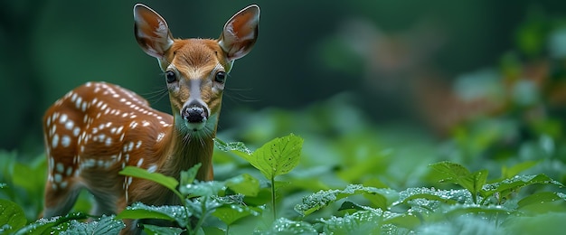 Photo a spotted fawn standing in a lush green forest looking directly at the camera