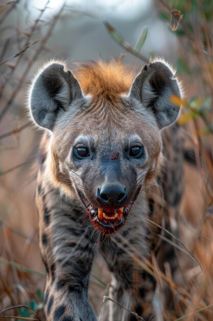 A spotted hyena returning to its den at dawn its mouth bloodied but victorious