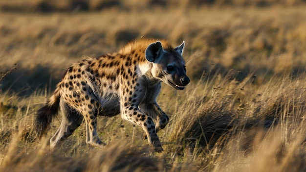 Photo spotted hyena running through tall grass