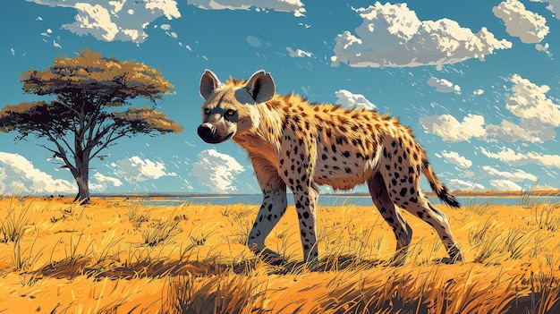 Photo spotted hyena strolling through golden grassland under a blue sky