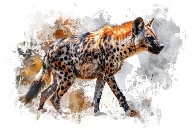 A spotted hyena walks through a grassy area its spots visible in the sunlight