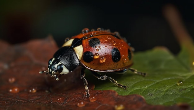 Spotted ladybug crawling on green leaf outdoors generated by AI