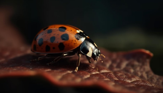 Spotted ladybug crawls on green leaf outdoors generated by AI