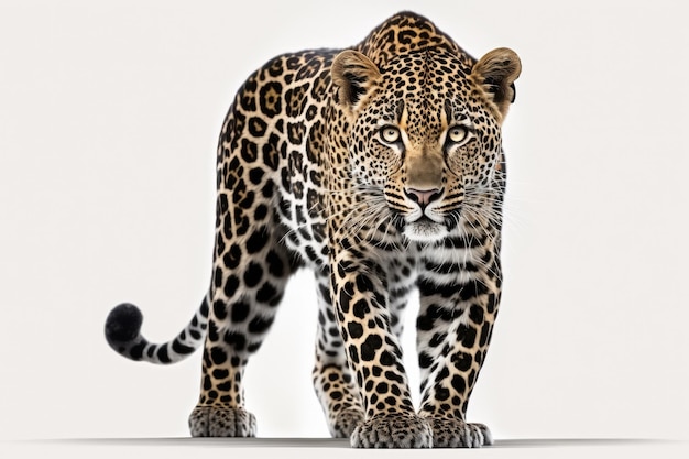 Spotted leopard facing the camera and standing in front of a white background