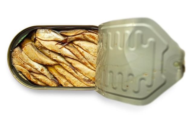 Sprats in oil in an oval open jar isolated on a white background