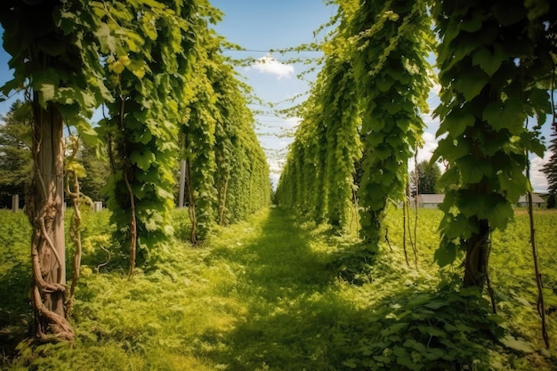 Sprawling Hop Farm With Rows Of Climbing Vines Generative AI