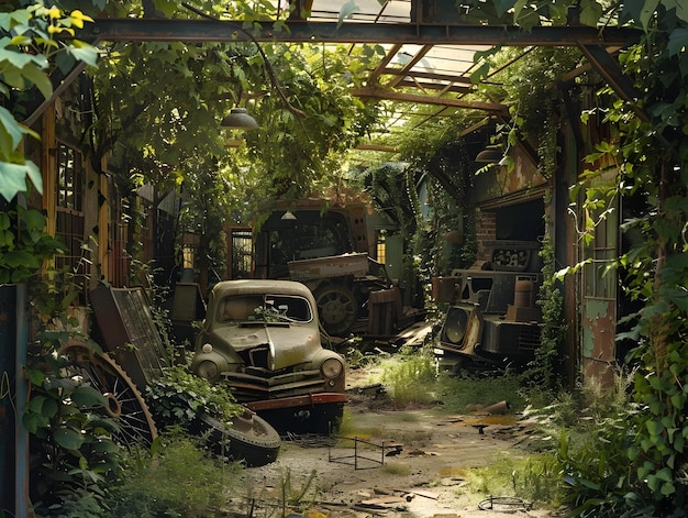 Sprawling Junkyard Oasis Lush Canopy Weathered Machinery and a Sense of Wonder