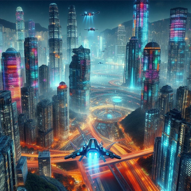 Sprawling metropolis filled with futuristic skyscrapers illuminated by vibrant neon lights