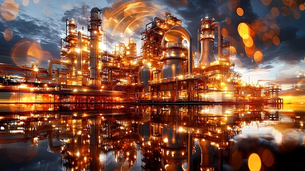 Photo sprawling oil refinery complex with multiple processing units on clean white background