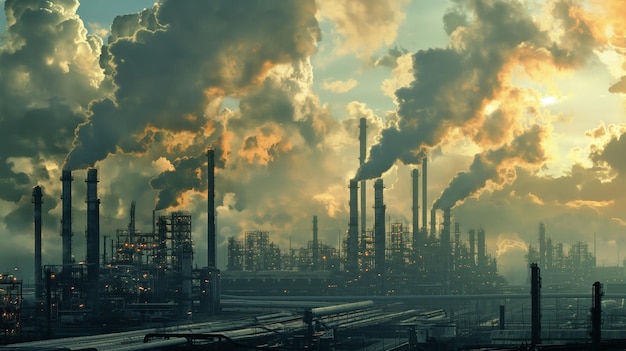 sprawling oil refinery with pipelines and storage tanks against a cloudy sky