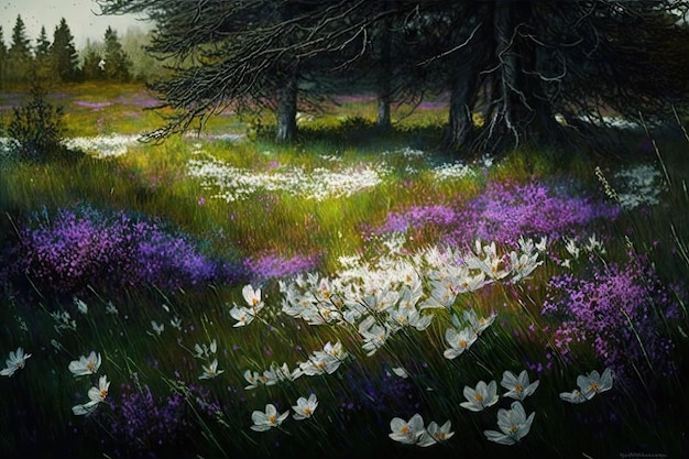 Sprawling white purple clearing in flower meadow in spring created with generative ai