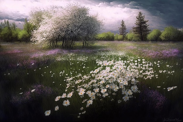 Sprawling white purple clearing in flower meadow in spring created with generative ai