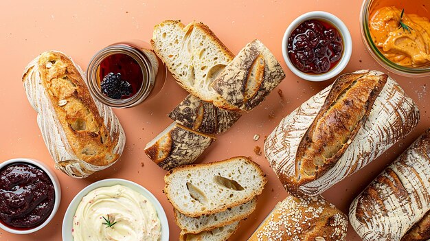 Photo spread of artisanal bread and spreads isolated on flat surface