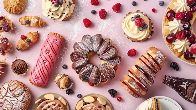 Spread of Decadent Desserts and Pastries on a Flat Surface