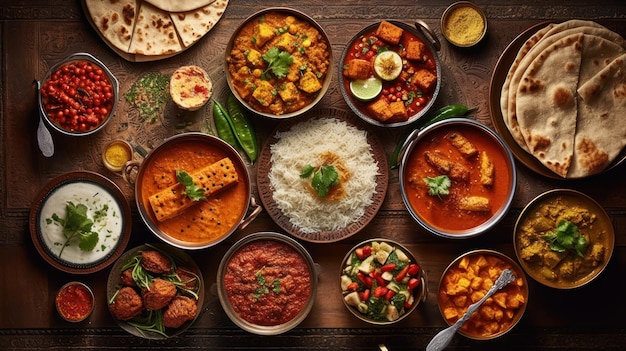 A spread of food including a variety of dishes including naan, naan, and naan.