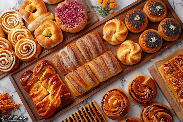 A spread of hanukkah pastries sufganiyots rugelach babka